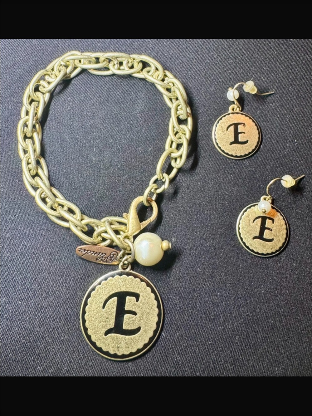 Plunder Gold-Tone 'E' Charm Bracelet and Earring Set
